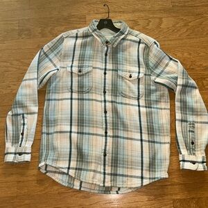 OUTERKNOWN BLANKET FLANNEL SHIRT MENS LARGE- GREY MIST BIENVIENIDO PLAID